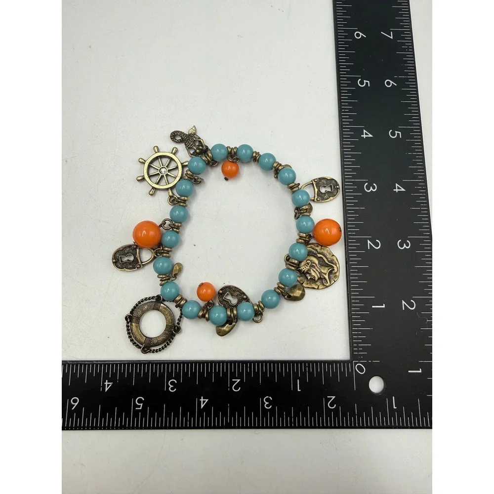 Nautical Charm Stretch Bracelet Turquoise Orange Beads Ships Wheel Life Ring